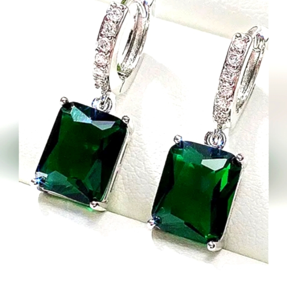 Silver Huggie with Green Emerald Cut Drop (1 1/4) Earrings - New - Picture 2 of 2